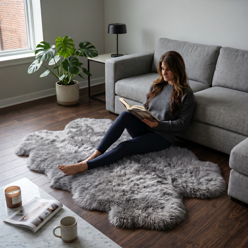 Grey faux fur runner rug styled in an entryway beside a console table on hardwood flooring