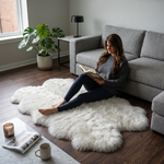 Grey faux fur runner rug styled in an entryway beside a console table on hardwood flooring