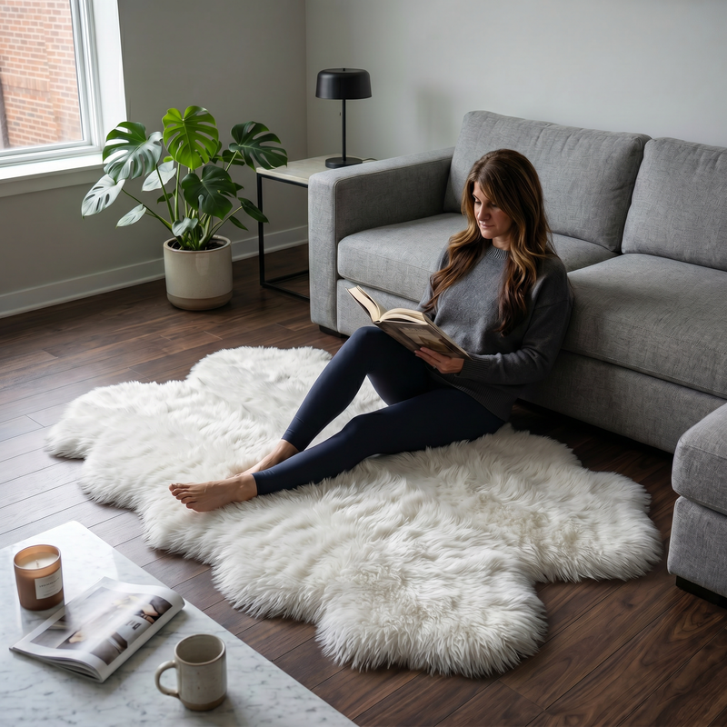Grey faux fur runner rug styled in an entryway beside a console table on hardwood flooring