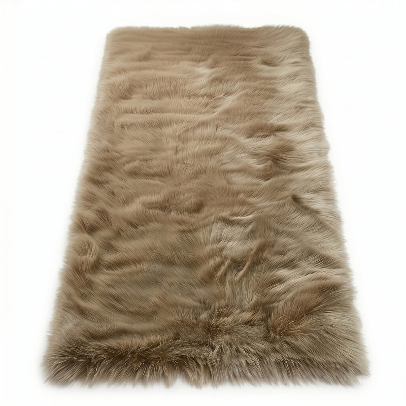 Close-up of grey faux fur area rug showing thick high-pile shaggy texture