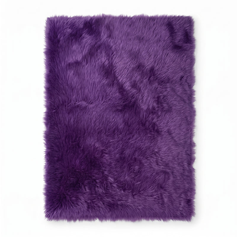 Close-up of grey faux fur area rug showing thick high-pile shaggy texture