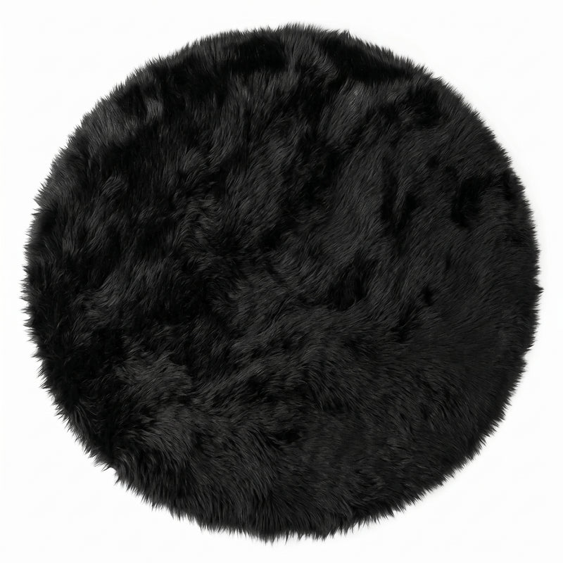 Close-up of grey faux fur area rug showing thick high-pile shaggy texture