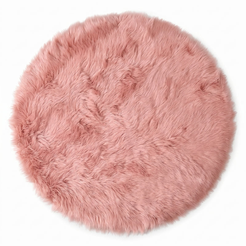 Close-up of grey faux fur area rug showing thick high-pile shaggy texture