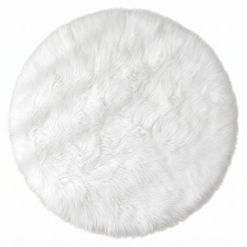 Close-up of grey faux fur area rug showing thick high-pile shaggy texture