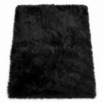 Close-up of grey faux fur area rug showing thick high-pile shaggy texture
