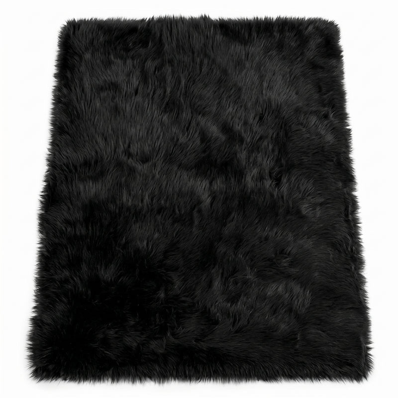 Close-up of grey faux fur area rug showing thick high-pile shaggy texture