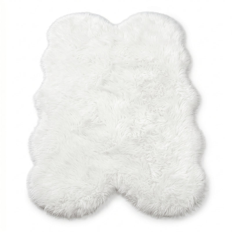Close-up of grey faux fur area rug showing thick high-pile shaggy texture