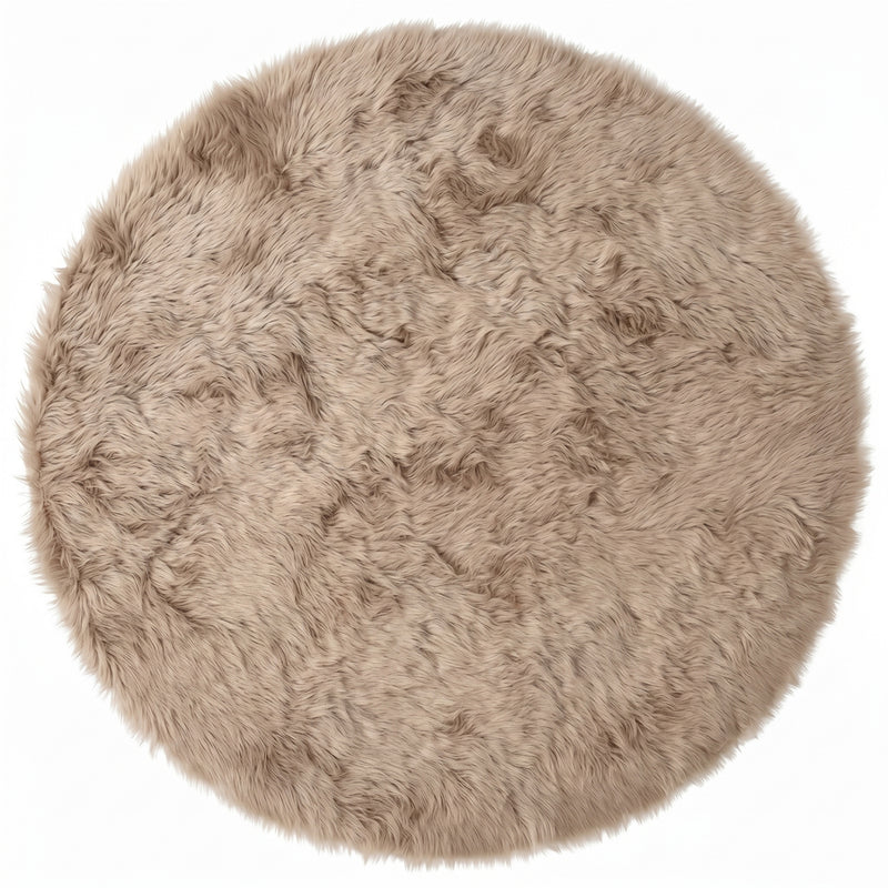 Close-up of grey faux fur area rug showing thick high-pile shaggy texture