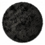 Close-up of grey faux fur area rug showing thick high-pile shaggy texture