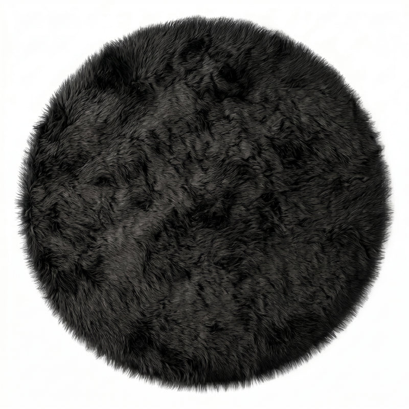 Close-up of grey faux fur area rug showing thick high-pile shaggy texture
