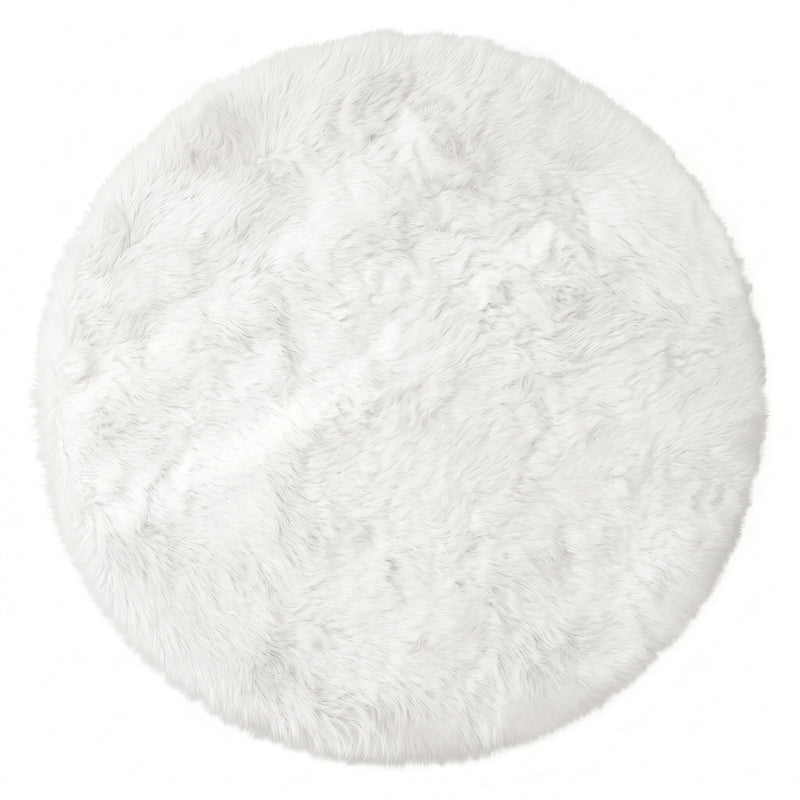 Close-up of grey faux fur area rug showing thick high-pile shaggy texture