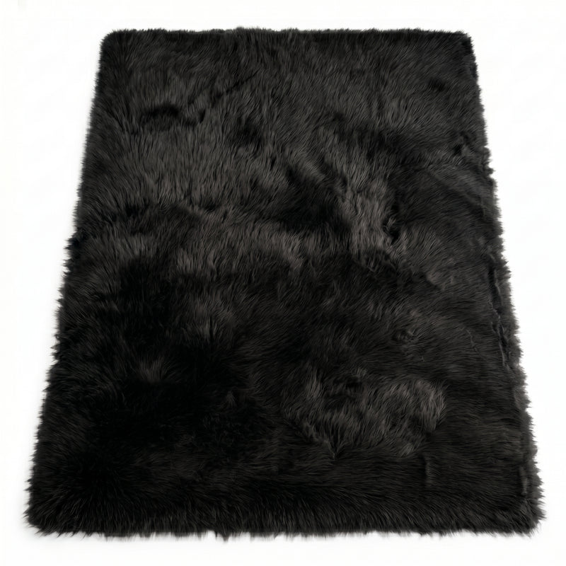 Close-up of grey faux fur area rug showing thick high-pile shaggy texture