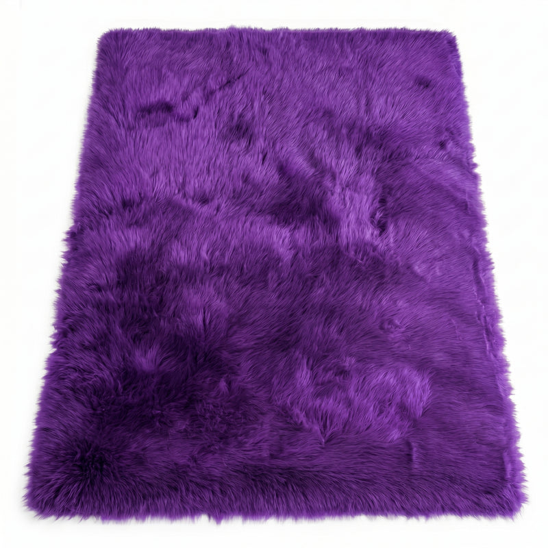 Close-up of grey faux fur area rug showing thick high-pile shaggy texture