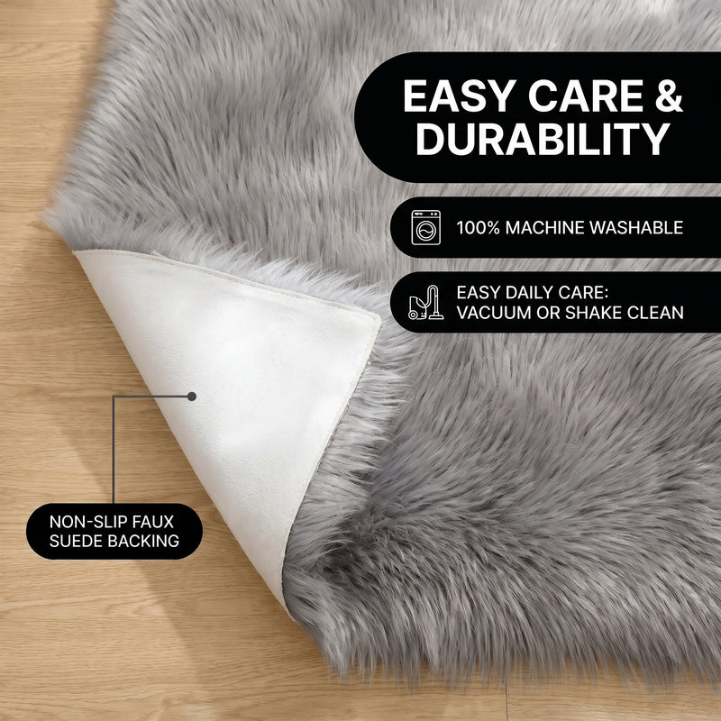 Faux fur area rug shown beside a bed, illustrating machine-washable, vacuum-or-shake-clean maintenance
