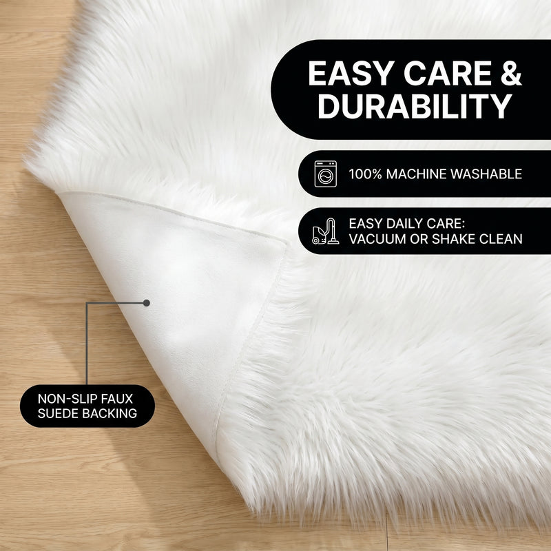 Faux fur area rug shown beside a bed, illustrating machine-washable, vacuum-or-shake-clean maintenance