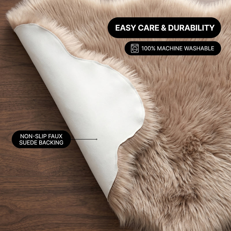 Faux fur area rug shown beside a bed, illustrating machine-washable, vacuum-or-shake-clean maintenance
