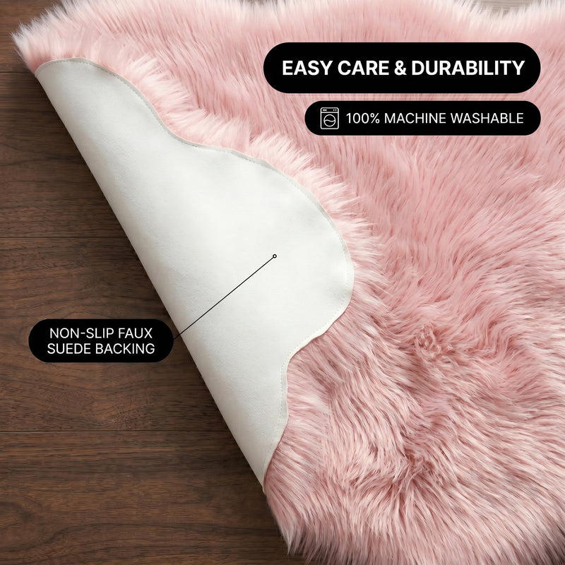Faux fur area rug shown beside a bed, illustrating machine-washable, vacuum-or-shake-clean maintenance