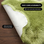 Faux fur area rug shown beside a bed, illustrating machine-washable, vacuum-or-shake-clean maintenance