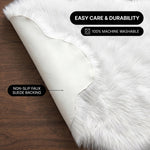 Faux fur area rug shown beside a bed, illustrating machine-washable, vacuum-or-shake-clean maintenance