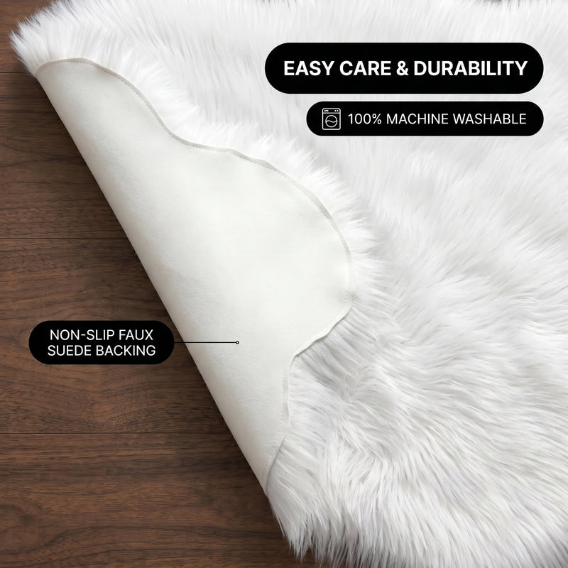 Faux fur area rug shown beside a bed, illustrating machine-washable, vacuum-or-shake-clean maintenance