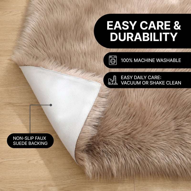 Faux fur area rug shown beside a bed, illustrating machine-washable, vacuum-or-shake-clean maintenance