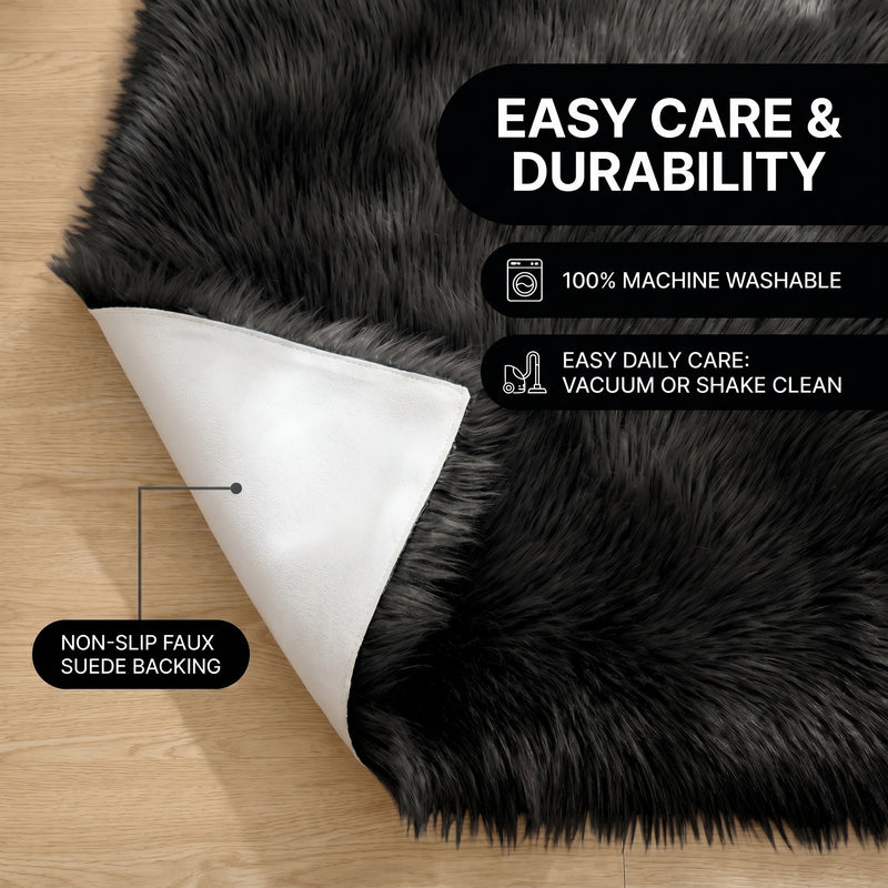 Faux fur area rug shown beside a bed, illustrating machine-washable, vacuum-or-shake-clean maintenance