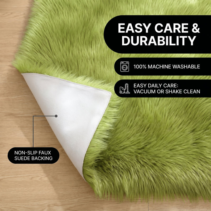 Faux fur area rug shown beside a bed, illustrating machine-washable, vacuum-or-shake-clean maintenance