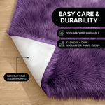 Faux fur area rug shown beside a bed, illustrating machine-washable, vacuum-or-shake-clean maintenance