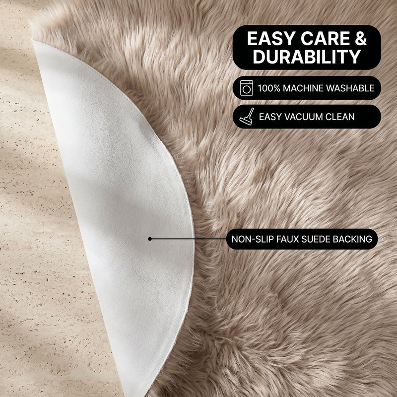 Faux fur area rug shown beside a bed, illustrating machine-washable, vacuum-or-shake-clean maintenance
