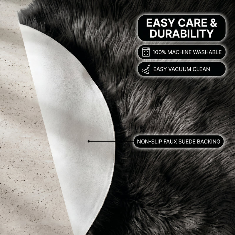 Faux fur area rug shown beside a bed, illustrating machine-washable, vacuum-or-shake-clean maintenance
