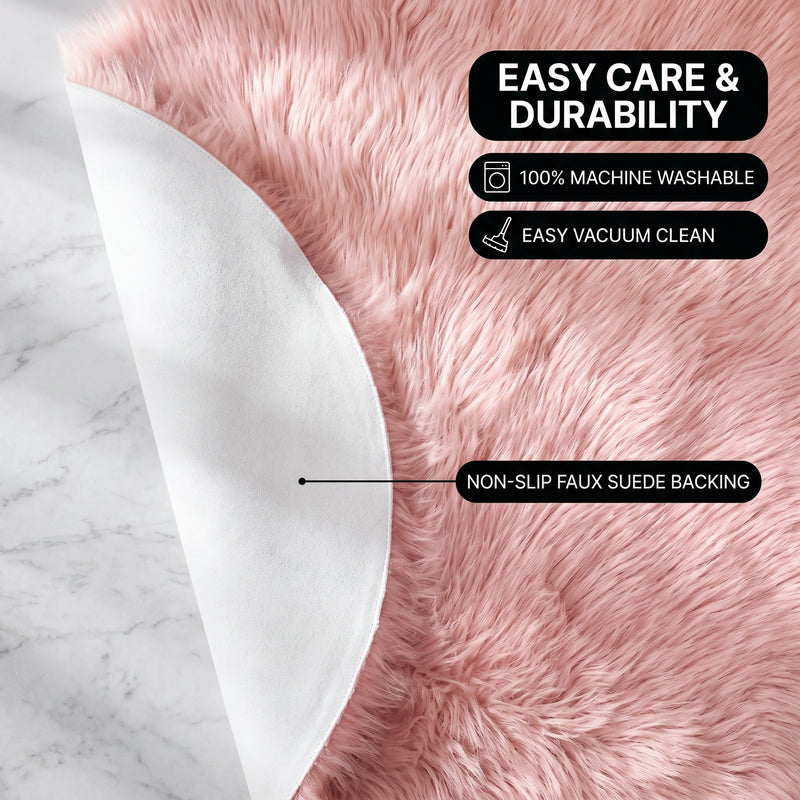 Faux fur area rug shown beside a bed, illustrating machine-washable, vacuum-or-shake-clean maintenance