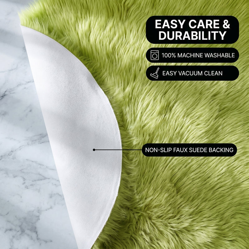 Faux fur area rug shown beside a bed, illustrating machine-washable, vacuum-or-shake-clean maintenance