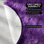 Faux fur area rug shown beside a bed, illustrating machine-washable, vacuum-or-shake-clean maintenance