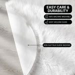 Faux fur area rug shown beside a bed, illustrating machine-washable, vacuum-or-shake-clean maintenance