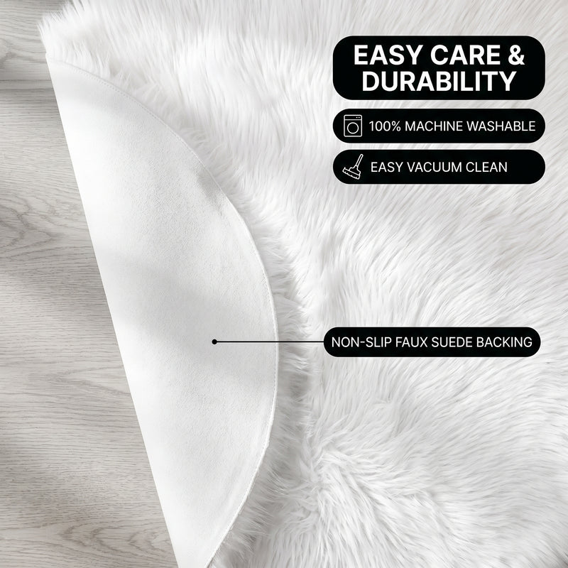 Faux fur area rug shown beside a bed, illustrating machine-washable, vacuum-or-shake-clean maintenance