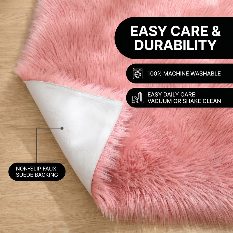 Faux fur area rug shown beside a bed, illustrating machine-washable, vacuum-or-shake-clean maintenance