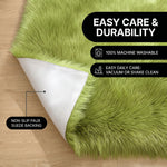 Faux fur area rug shown beside a bed, illustrating machine-washable, vacuum-or-shake-clean maintenance
