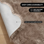 Faux fur area rug shown beside a bed, illustrating machine-washable, vacuum-or-shake-clean maintenance