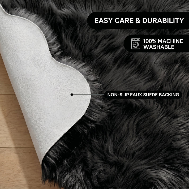 Faux fur area rug shown beside a bed, illustrating machine-washable, vacuum-or-shake-clean maintenance