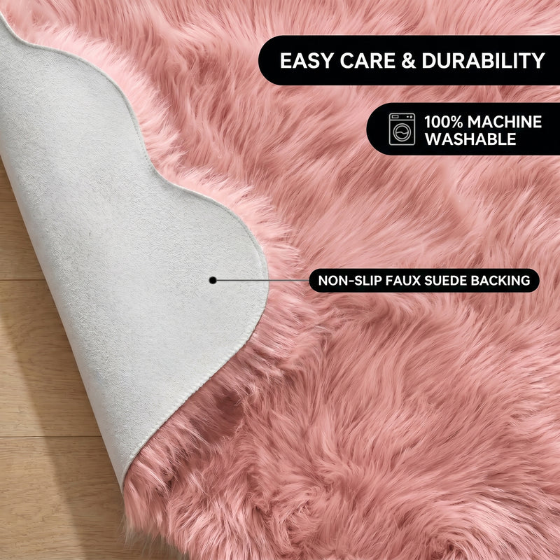 Faux fur area rug shown beside a bed, illustrating machine-washable, vacuum-or-shake-clean maintenance