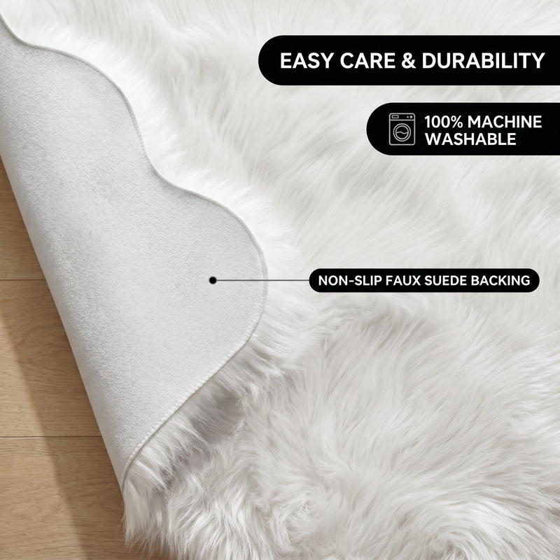 Faux fur area rug shown beside a bed, illustrating machine-washable, vacuum-or-shake-clean maintenance