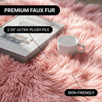 Corner of the faux fur area rug folded back to reveal the non-slip faux suede backing