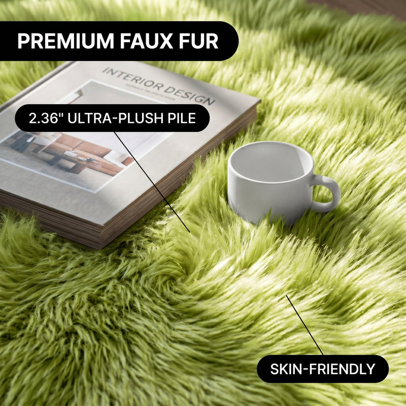 Corner of the faux fur area rug folded back to reveal the non-slip faux suede backing