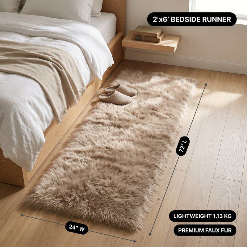 Faux fur area rug with a coffee mug on top, highlighting the 2.36-inch ultra-plush pile and lightweight design