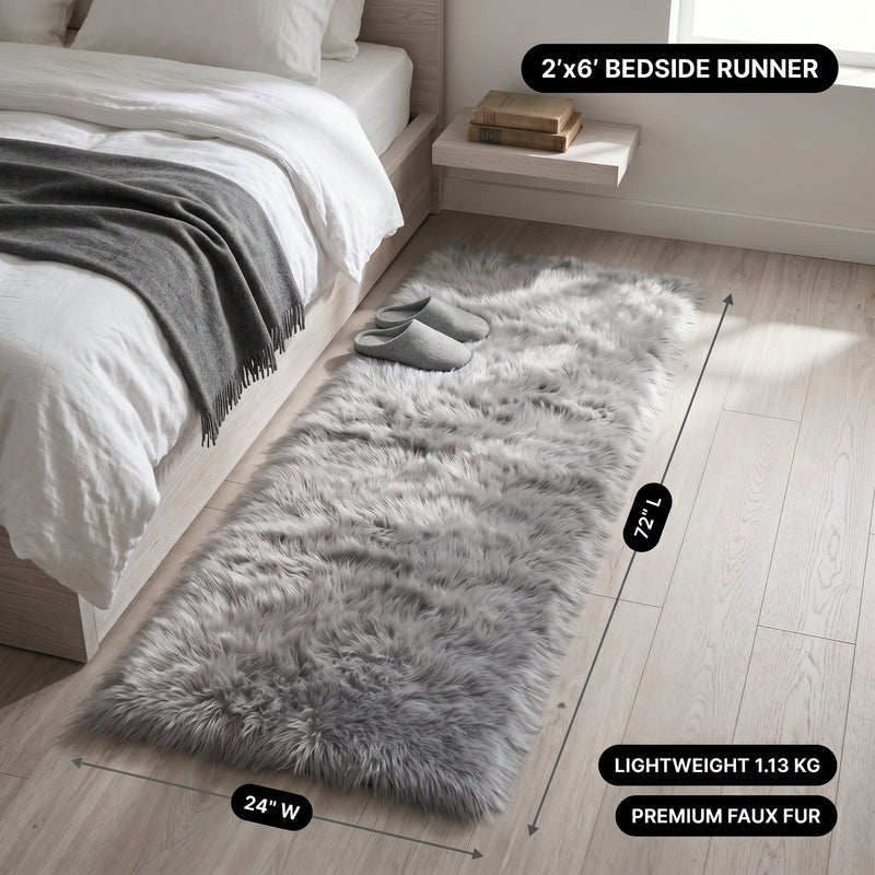 Faux fur area rug with a coffee mug on top, highlighting the 2.36-inch ultra-plush pile and lightweight design
