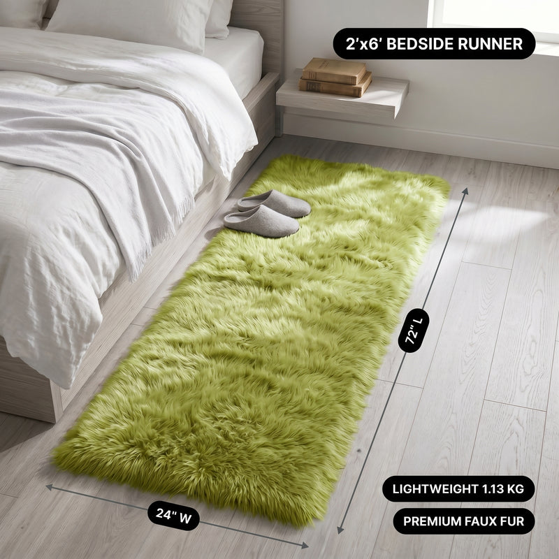 Faux fur area rug with a coffee mug on top, highlighting the 2.36-inch ultra-plush pile and lightweight design