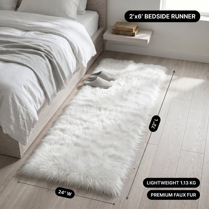 Faux fur area rug with a coffee mug on top, highlighting the 2.36-inch ultra-plush pile and lightweight design