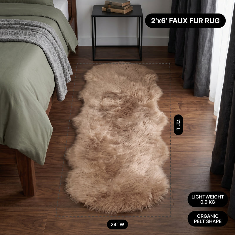 Faux fur area rug with a coffee mug on top, highlighting the 2.36-inch ultra-plush pile and lightweight design