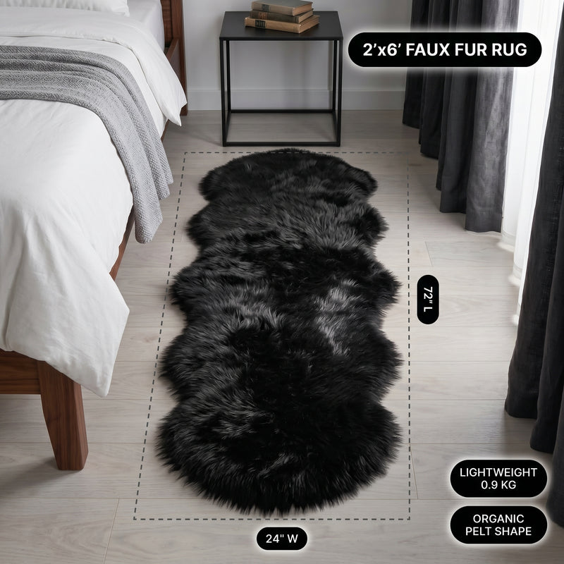 Faux fur area rug with a coffee mug on top, highlighting the 2.36-inch ultra-plush pile and lightweight design