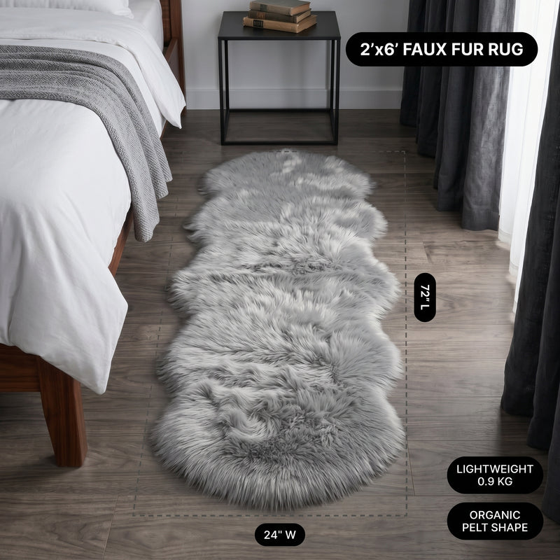 Faux fur area rug with a coffee mug on top, highlighting the 2.36-inch ultra-plush pile and lightweight design